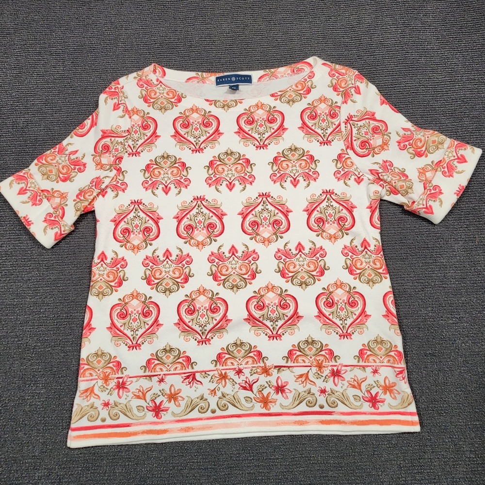 Karen Scott Top Womens Petite Medium‎ PM White Pink Damask Short Sleeve Pullover